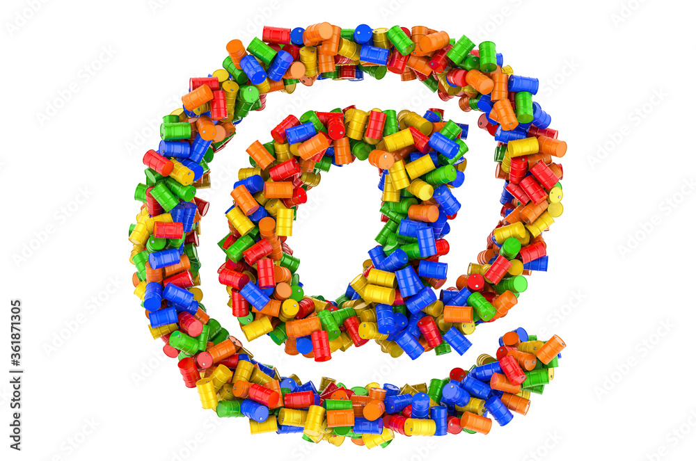 E-mail, at sign from colored steel barrels, 3D rendering E-mail, at sign from colored steel barrels, 3D rendering