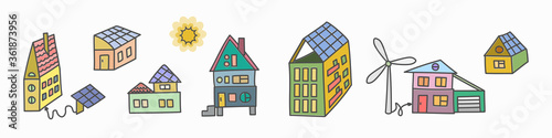 A set of houses and buildings on the roofs of which are solar panels. Eco home concept, solar energy, wind energy. Vector illustration in a flat trendy style for design.