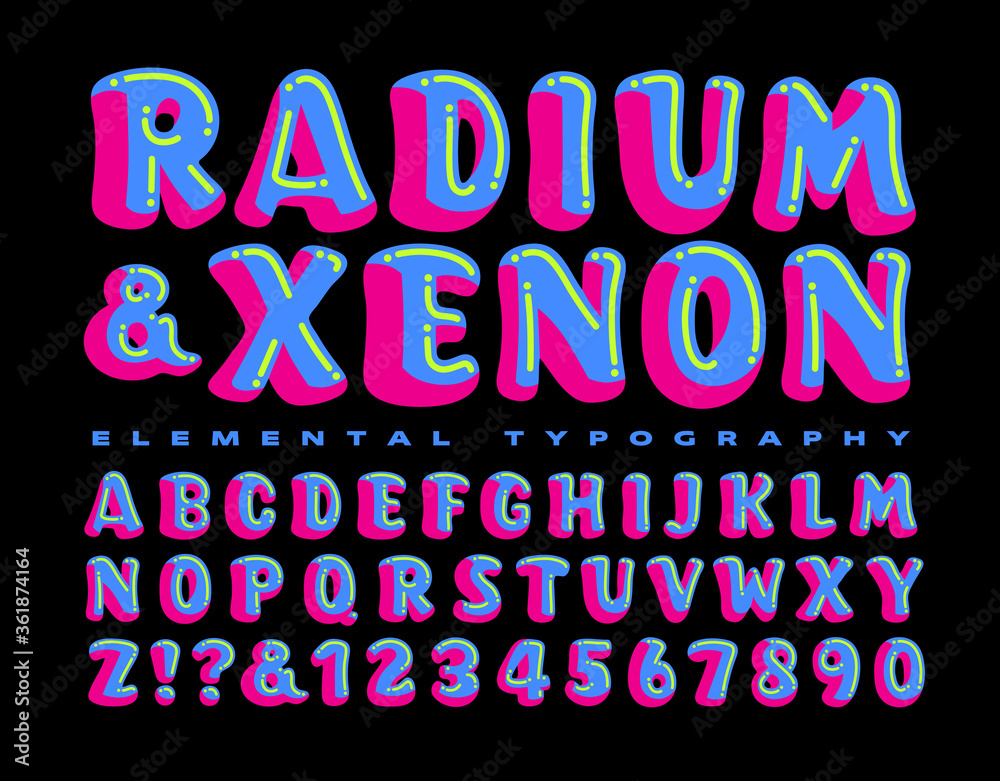 Radium & Xenon is a Brightly Colored and Whimsical Alphabet; This Lettering Style is Perfect on Kids' Party Invitations, Psychedelic Rave Party Flyers, or Anywhere a Fun and Crazy Font is Needed Radium & Xenon is a Brightly Colored and Whimsical Alphabet; This Lettering Style is Perfect on Kids' Party Invitations, Psychedelic Rave Party Flyers, or Anywhere a Fun and Crazy Font is Needed