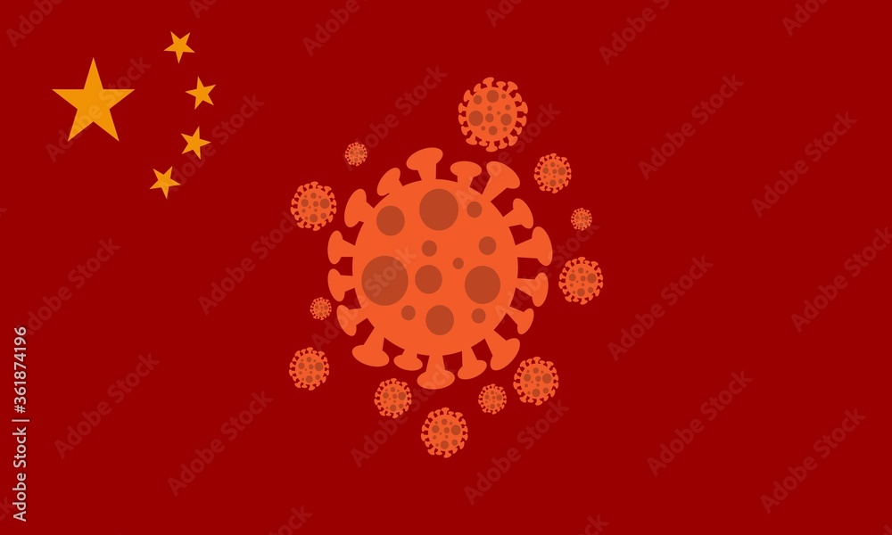 2019 MERS-nCoV (Middle East Respiratory Coronavirus Syndrome-Novel Coronavirus) on Red China Flag Background. Design Concept for Protection against Viral Pandemic. Chinese Virus Outbreak Quarantined