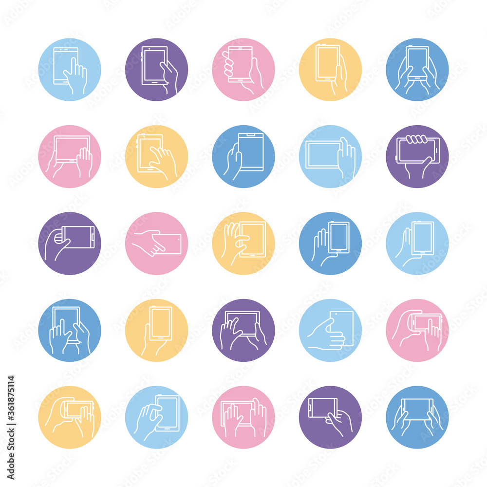bundle of hands and smartphones set icons bundle of hands and smartphones set icons