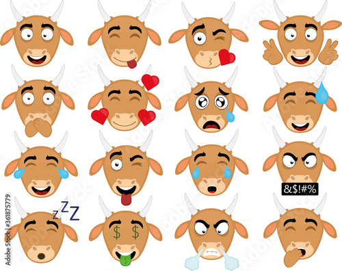 Vector illustration of expressions of a cow's face cartoon