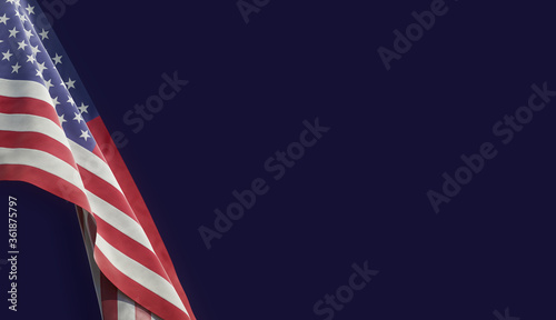 USA American Flag Waving in the Wind, Closeup, Highly Detailed with Seam Marks and Textures, 3D Illustration, With Space for Text, Dark Blue Background
