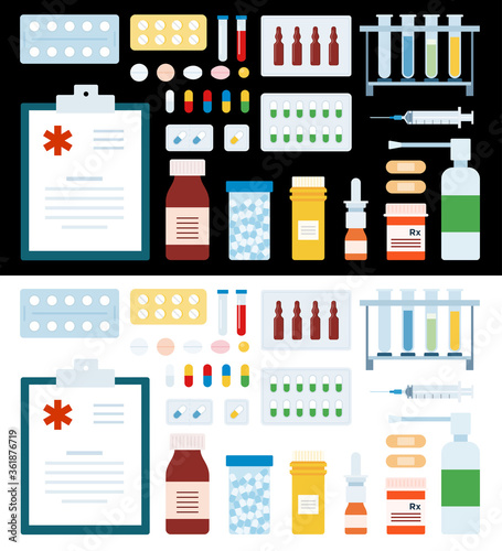 Medicine green and yellow pills or capsules. Drug prescription for treatment medication. Vector illustration of Medicament vector flat icons. Isolated on white and black