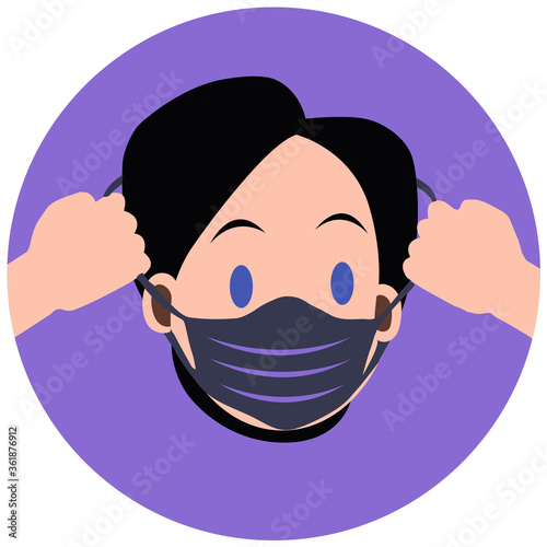 panneau concernant le port du masque représentant une personne mettant son masque dans un rond mauve sur un fond blanc