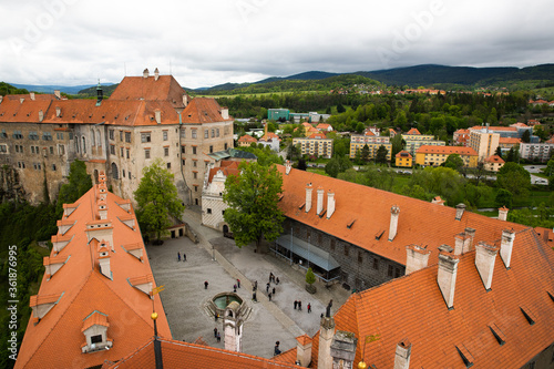 Panoramic landscape view above from aerial of the historic city of Cesky Krumlov with famous Cesky Krumlov Castle, Church city is on a UNESCO World Heritage Site captured during the spring wi