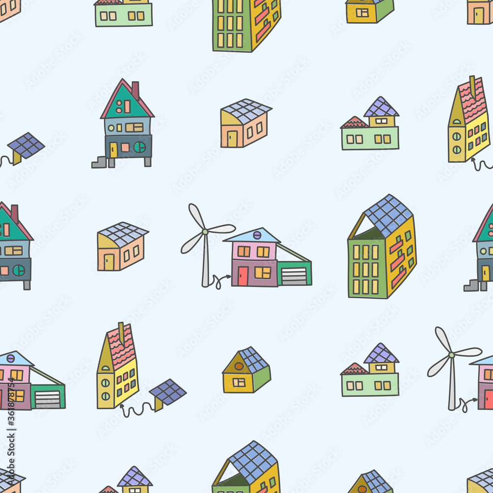 Seamless pattern of houses and buildings on the roofs of which are solar panels. Eco home concept, solar energy, wind energy. Vector illustration in a flat trendy style for design.