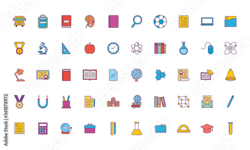 School line and fill style icon set design, education class lesson knowledge preschooler study learning classroom and primary theme Vector illustration