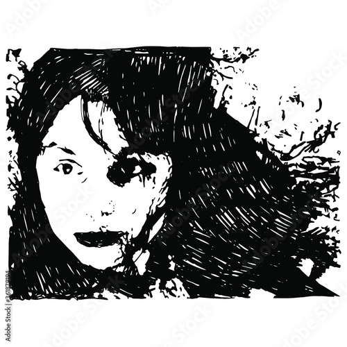 Female portrait. Face of a pretty young girl with disheveled long loose dark hair. Hand drawn rough sketch. Black and white silhouette.