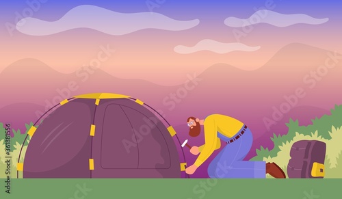 Tourist puts up a tent. Cartoon vector illustration.