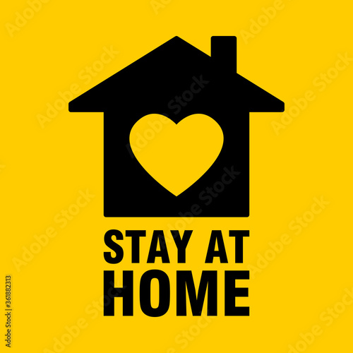 Stay at Home Icon with House and Heart Symbols and Text. Vector Image.