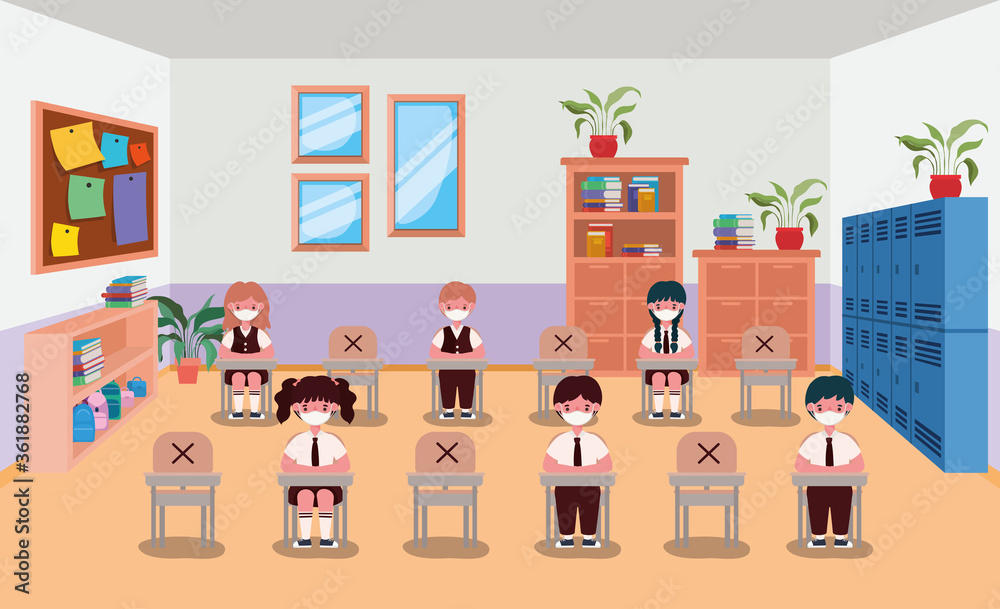 kids with masks in classroom design, Back to school theme Vector illustration