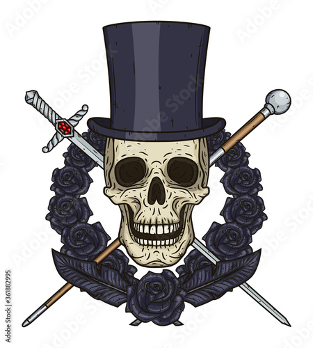 Skull in cylinder, with a walking stick, a rapier and red roses.