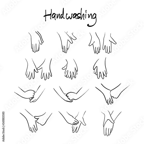 Steps to hand washing for prevent Covid19 virus vector illustration sketch doodle hand drawn with black lines isolated on white background