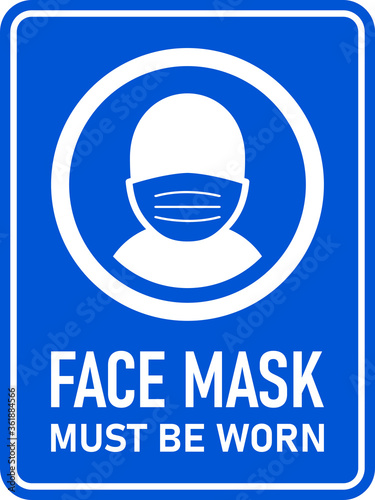 Face Mask Must Be Worn or No Face Mask No Entry Policy Rectangular Vertical Instruction Sign with an Aspect Ratio of 3:4 and Rounded Corners. Vector Image.
