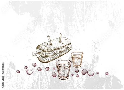 Have A Beautiful Day with Coffee, Illustration Hand Drawn Sketch of Shot Glasses and Coffee Beans with Homemade Freshly Baguette Sandwich.

