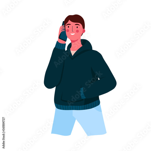 Young man talking on the phone with friend,family or girlfriend. Male character with smartphone. Cute man with gadget isolated on white background. Vector cartoon illustration in a flat style.