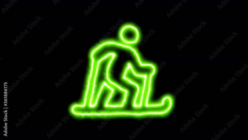 The appearance of the green neon symbol skiing nordic. Flicker, In - Out. Alpha channel Premultiplied - Matted with color black