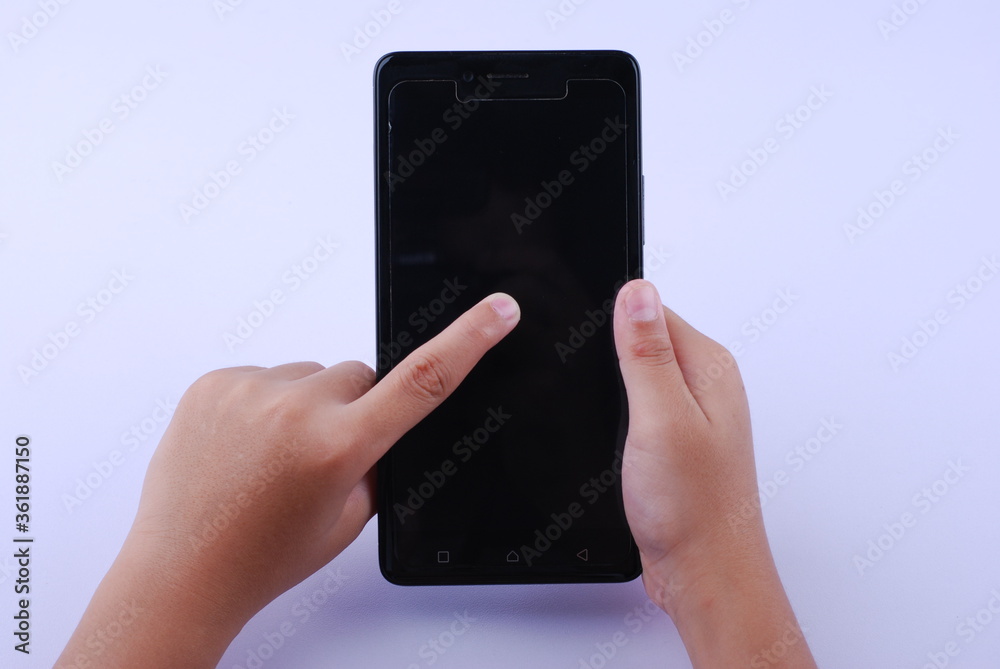Man hand holding modern smartphone mobile with black screen on isolated white background Man hand holding modern smartphone mobile with black screen on isolated white background