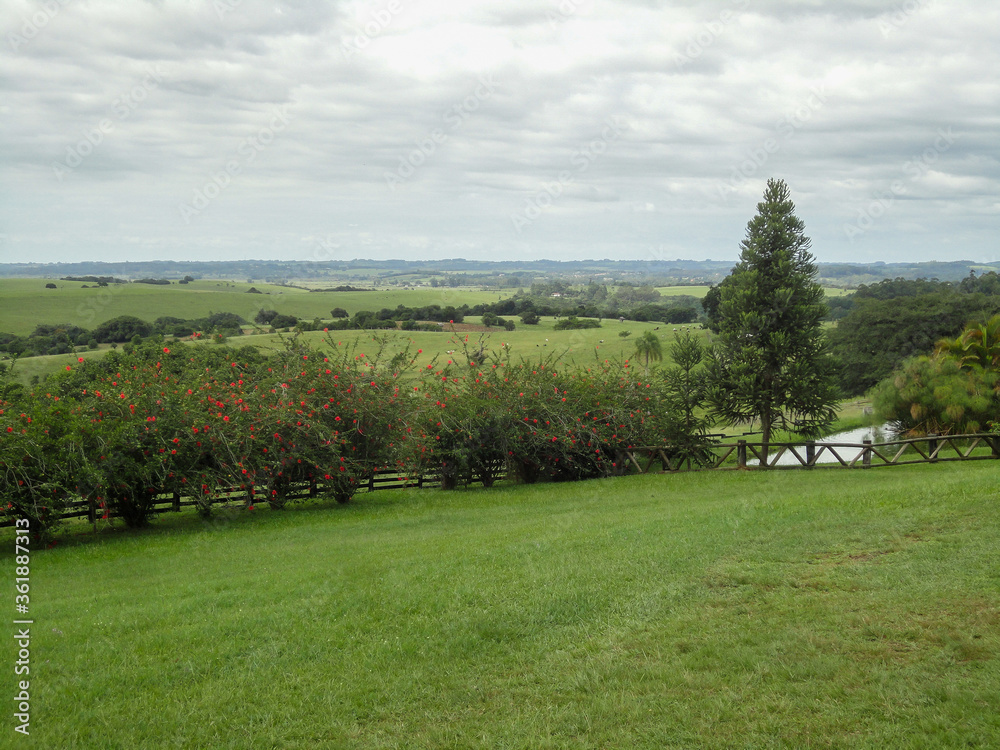 landscape view of a green field and a cloudy sky