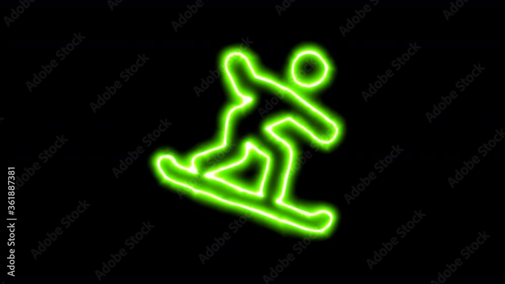 The appearance of the green neon symbol snowboarding. Flicker, In - Out. Alpha channel Premultiplied - Matted with color black The appearance of the green neon symbol snowboarding. Flicker, In - Out. Alpha channel Premultiplied - Matted with color black