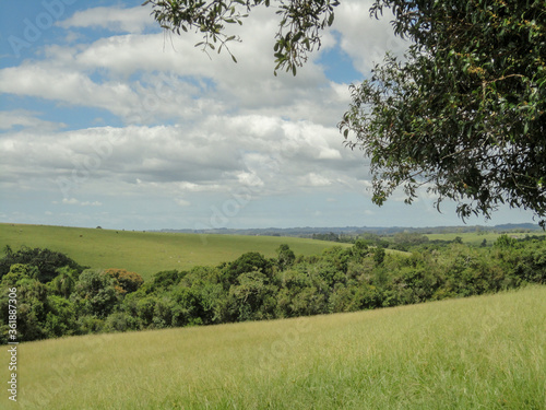 landscape view of a green open field and blue sky with some clouds