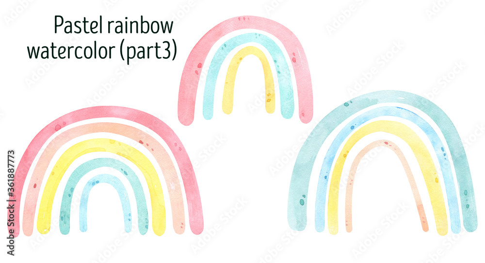 Fototapeta premium Watercolor cute rainbow set. Sky, sweet dreams. Watercolor prints baby shower, greeting card. Hand drawn illustration. Nursery decor. For invitation, greeting card, poster. Scandinavian, pastel colors