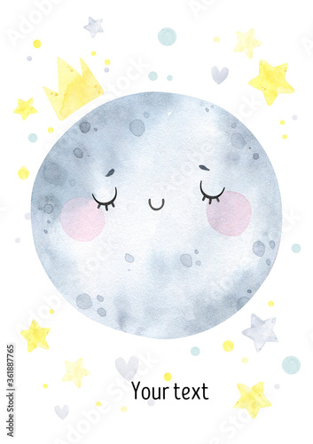 Cute posters with moon, stars, clouds, sweet dreams, dream big, watercolor prints baby room, baby shower, greeting card. Hand drawn nursery illustration