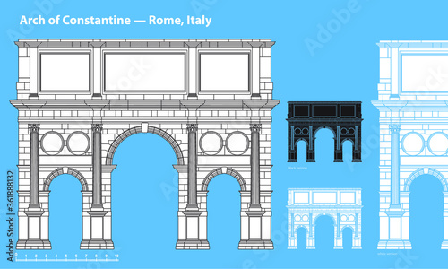 Arch of Constantine, world-famous greatest Landmarks of Rome, in Italy. Linear vector icon for Tourist attractions of historic Roman Empire heritage. Historic buildings - vector outline.