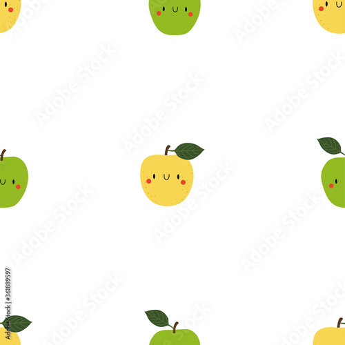 Kawaii Cartoon Apple. Seamless Vector Patterns 