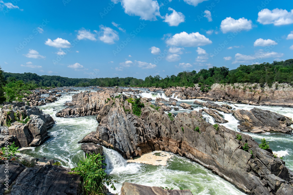 Jagged rocks, breathtaking views,  and the dangerous white waters of the Potomac River at the Great Falls Park in McLean, Fairfax County, Virginia.