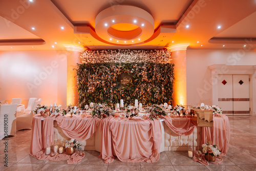 Romantically decorated table for a special event. Beautiful floral decoration for the celebration