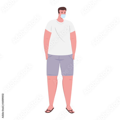 man wearing clothes by summer vacation season wearing medical mask against covid 19 vector illustration design