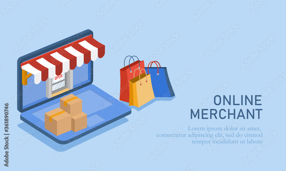 Vector illustration of online trading. Illustration of an online shop with a laptop, shipping box and shopping bag. Isometric background of online merchants and market places concept.