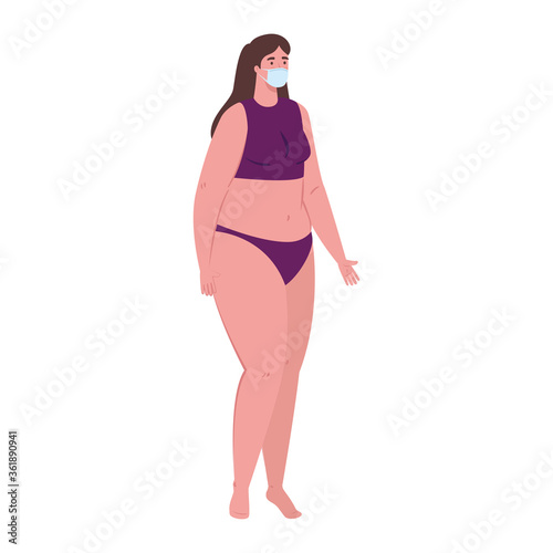 cute plump woman in swimsuit purple color, wearing medical mask, covid 19 summer vacation vector illustration design