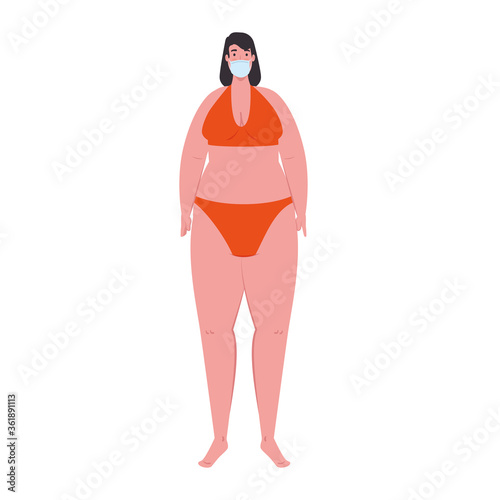 cute plump woman in swimsuit orange color, wearing medical mask, covid 19 summer vacation vector illustration design