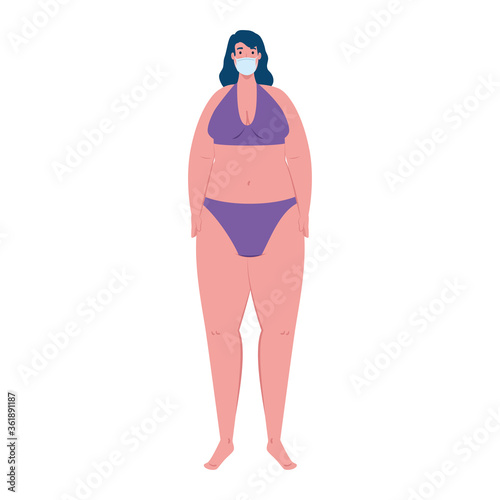 cute plump woman in swimsuit purple color, wearing medical mask, covid 19 summer vacation vector illustration design