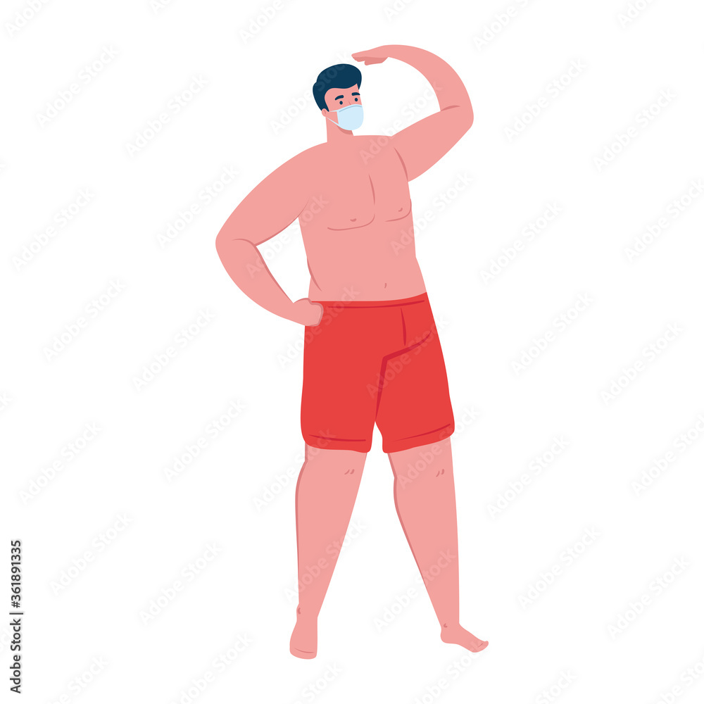 man in shorts red color, wearing medical mask, covid 19 summer vacation vector illustration design