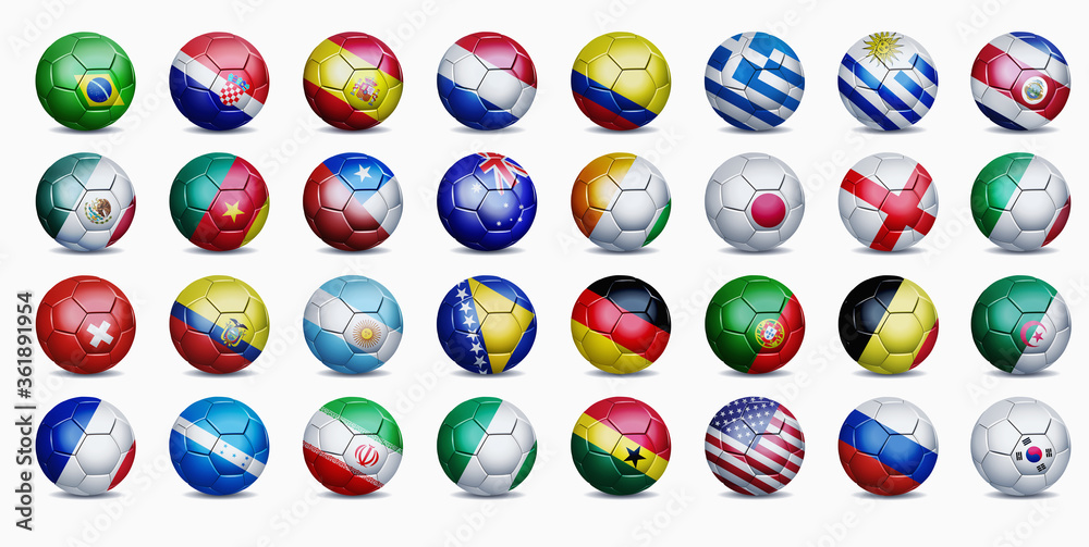 Football national team flags on soccer balls Football national team flags on soccer balls