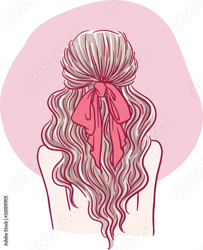 Digitally hand drawn illustration of a girl with long brunette wave hairstyle, tied with red ribbon, view from backside.