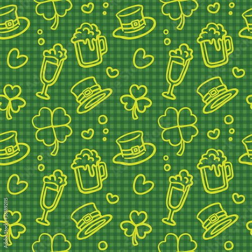 Saint Patrick's Day seamless pattern with line drawings on a flannel background