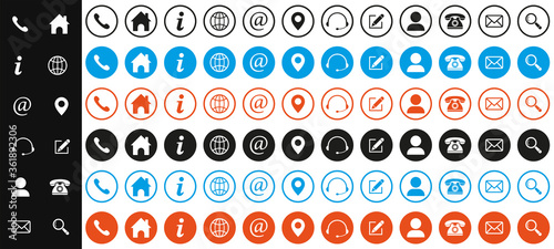 web icons, contact icons and business card icons, phone icon, home, web, pin, customer service icon, person, message, search icon