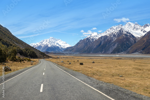 Road in Mount Cook National Park, Tasman Valley, New Zealand