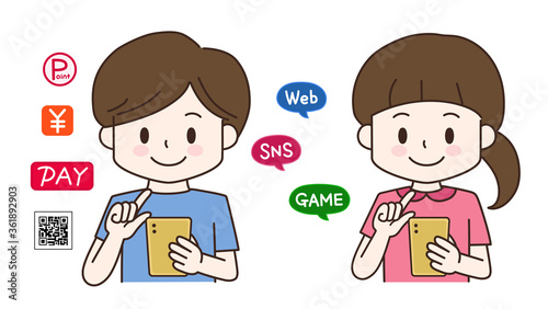 Boy and girl using a smartphone for playing games, texting, etc. Vector illustration isolated on white background.