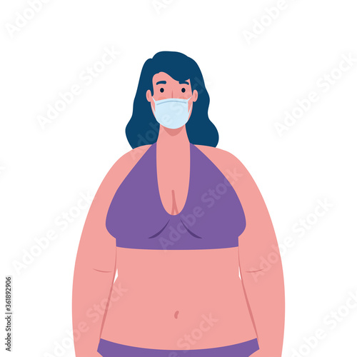 cute plump woman in swimsuit purple color, wearing medical mask, covid 19 summer vacation vector illustration design