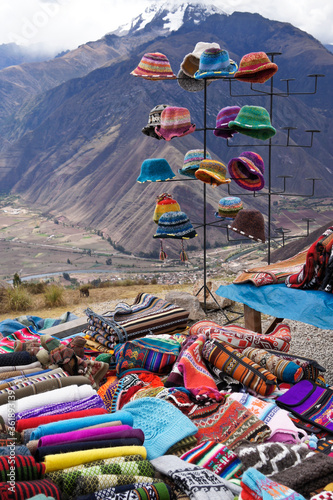 Woven clothing and textiles for sale at scenic overlook, Urubamba Valley, Peru