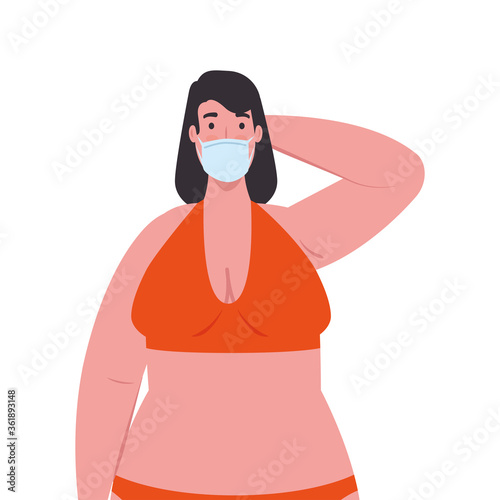 cute plump woman in swimsuit orange color, wearing medical mask, covid 19 summer vacation vector illustration design