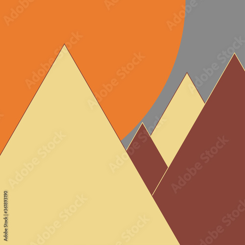 An abstract modern geometric shape mountain range and sun.
