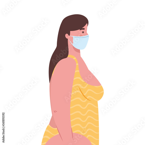 cute plump woman in swimsuit yellow color, wearing medical mask, covid 19 summer vacation vector illustration design