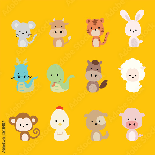 Digital hand drawn illustration collection of 12 animals Chinese zodiac signs. Vector clipart of various kinds of animals.